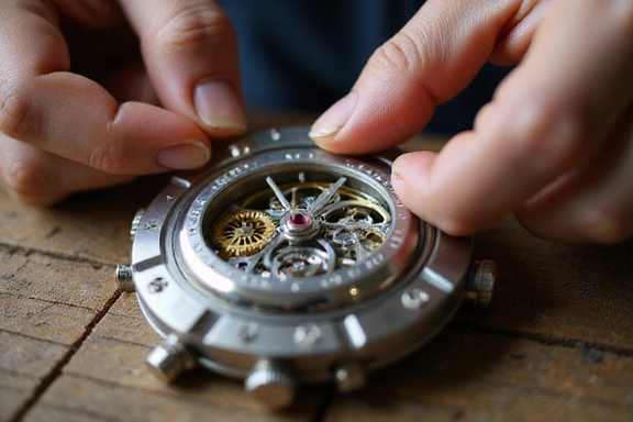 Close-up of artisan hands assembling watch movement