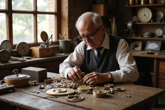 Master watchmaker working on antique clock mechanism