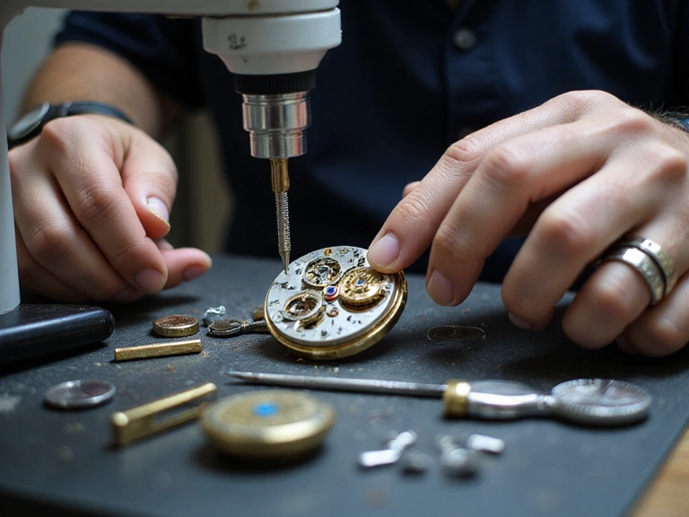 Watchmaker inspecting movement under microscope